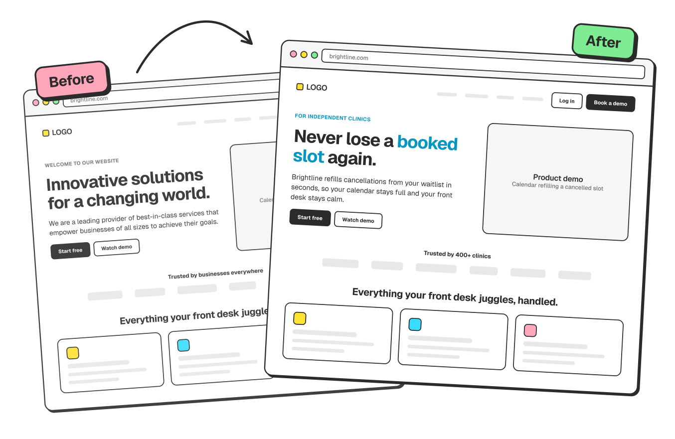A vague homepage before positioning next to a clear homepage after